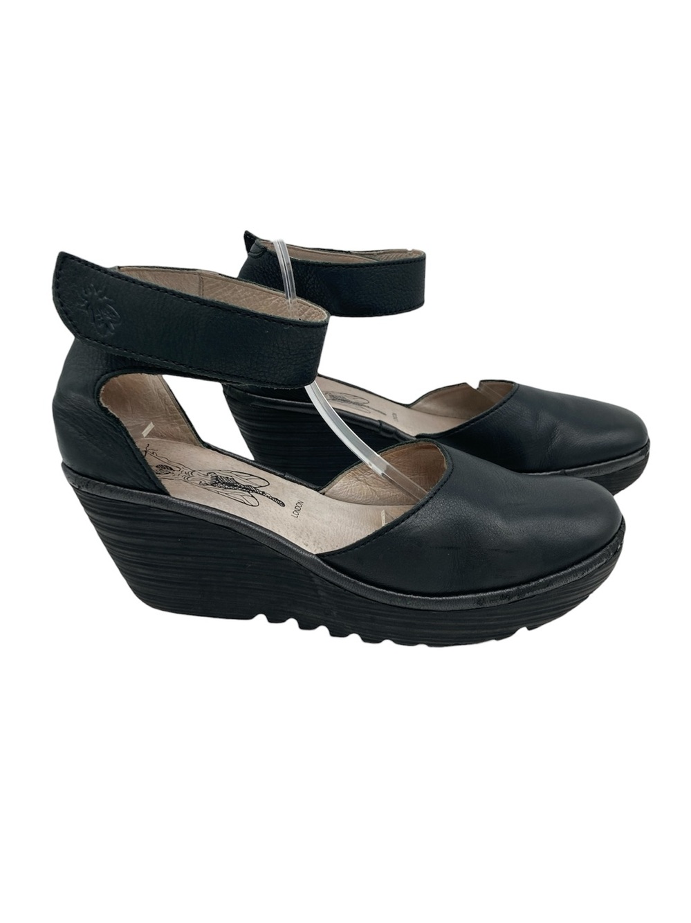 Fly London Yand709Fly Black Leather Ankle Strap Wedges